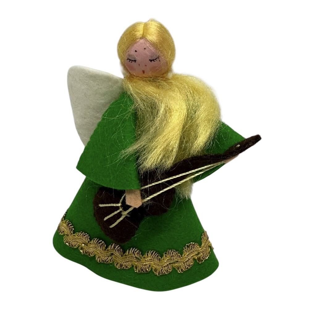 Vintage Handmade Felt Blond Angel Ornament Playing String Guitar Green Dress